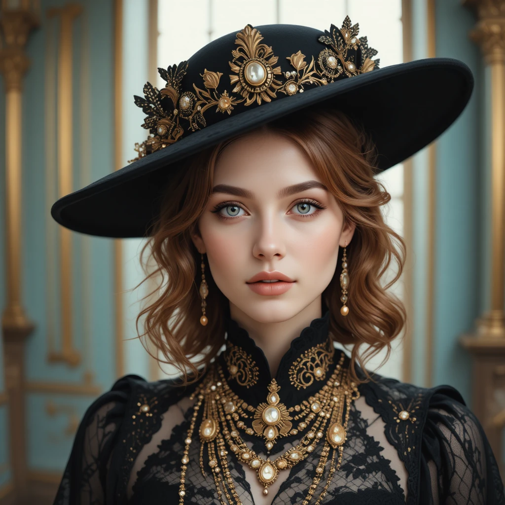 Young woman in ornate hat with jeweled makeup
