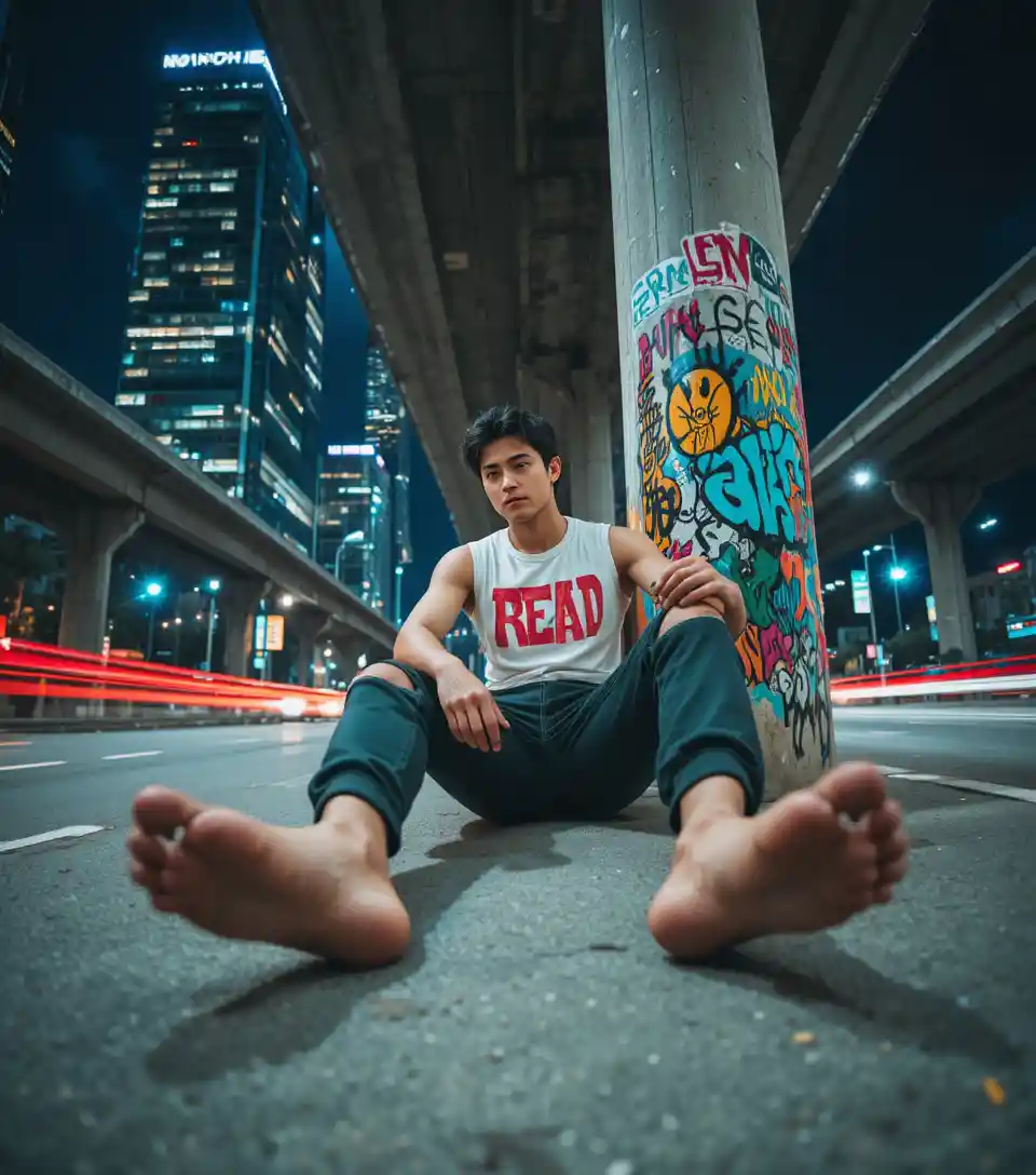 Punk man on empty city street under neon highway overpass
