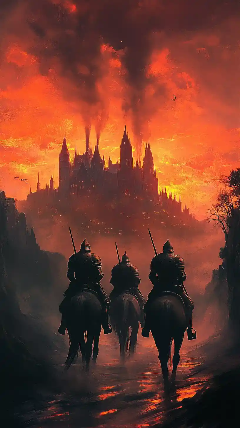 Four armored horsemen ride toward a distant dark castle