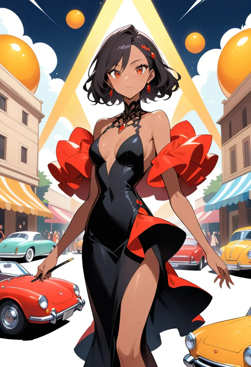 Elegant woman posing with two luxury sports cars