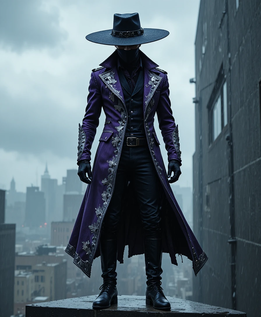 Assassin In Purple Coat Standing On Rainy City Rooftop