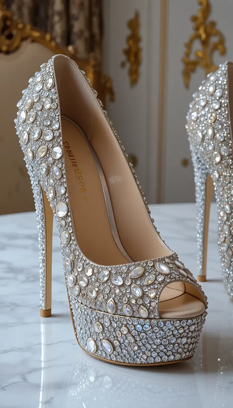 Sparkling silver high heel covered in crystal gemstones