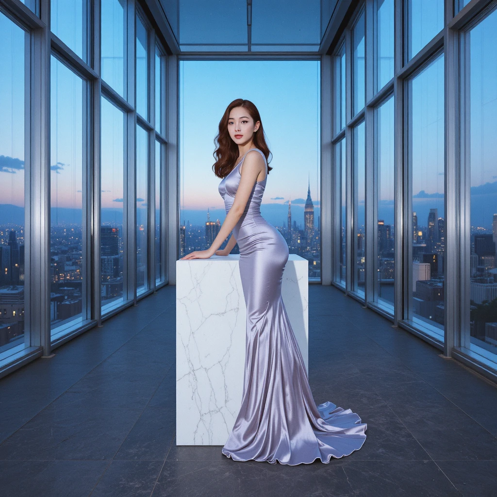 Korean woman in silver gown in a glass walled penthouse