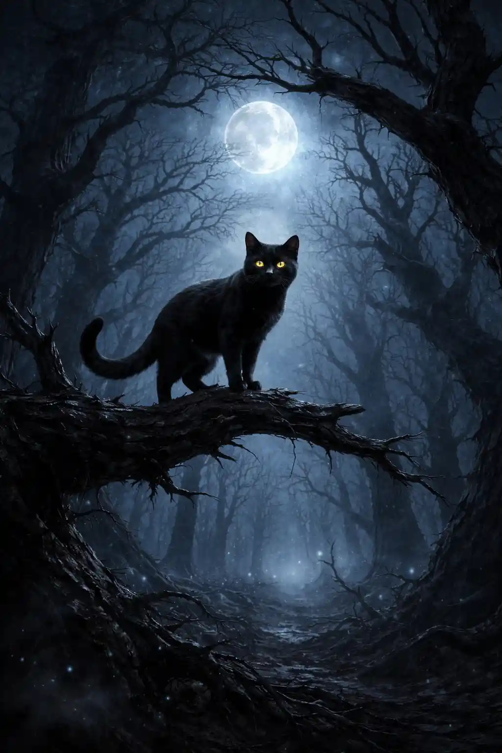 Black cat on a branch in a haunted night forest