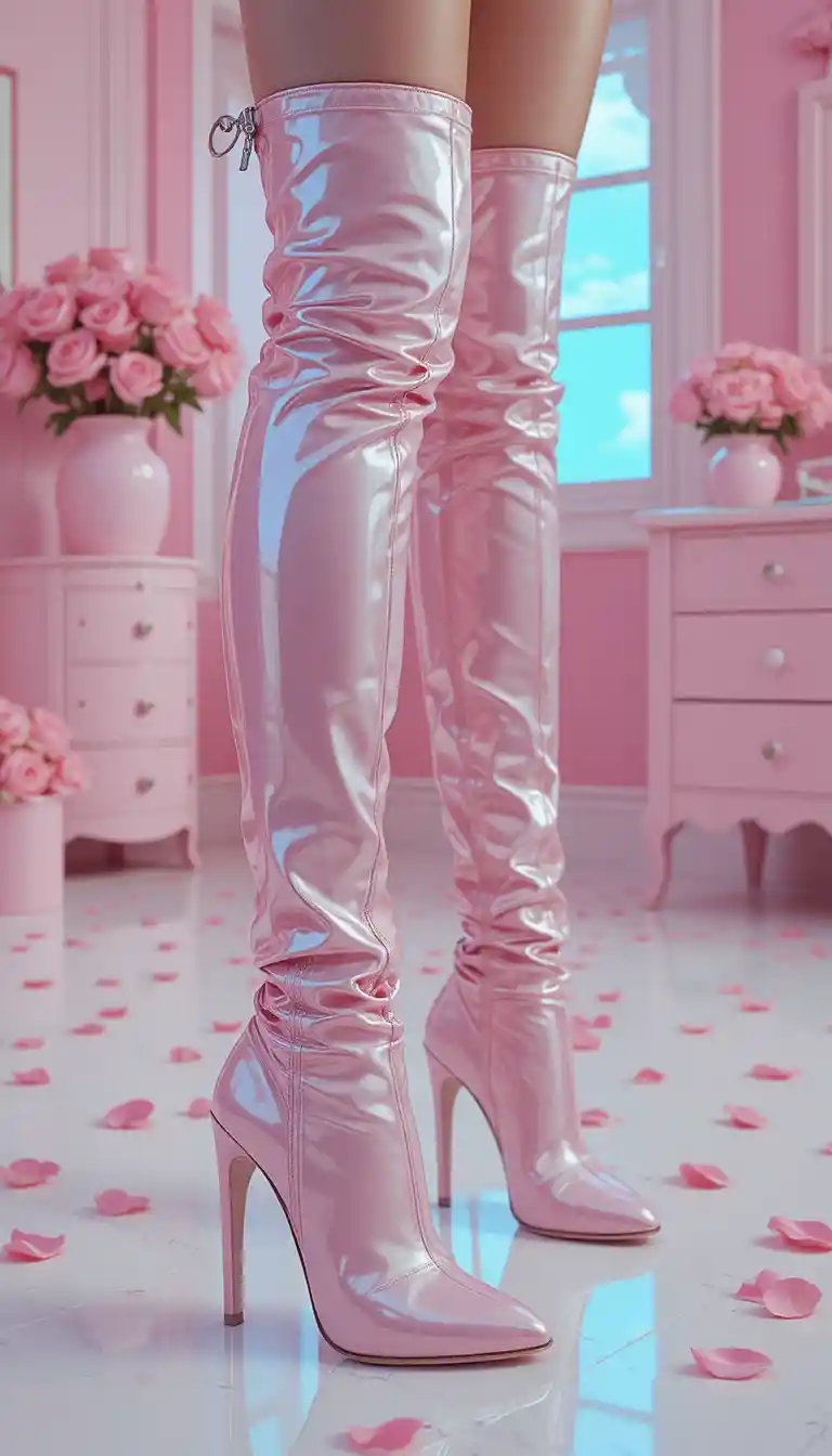 Shiny pink thigh high boots in a soft pastel room