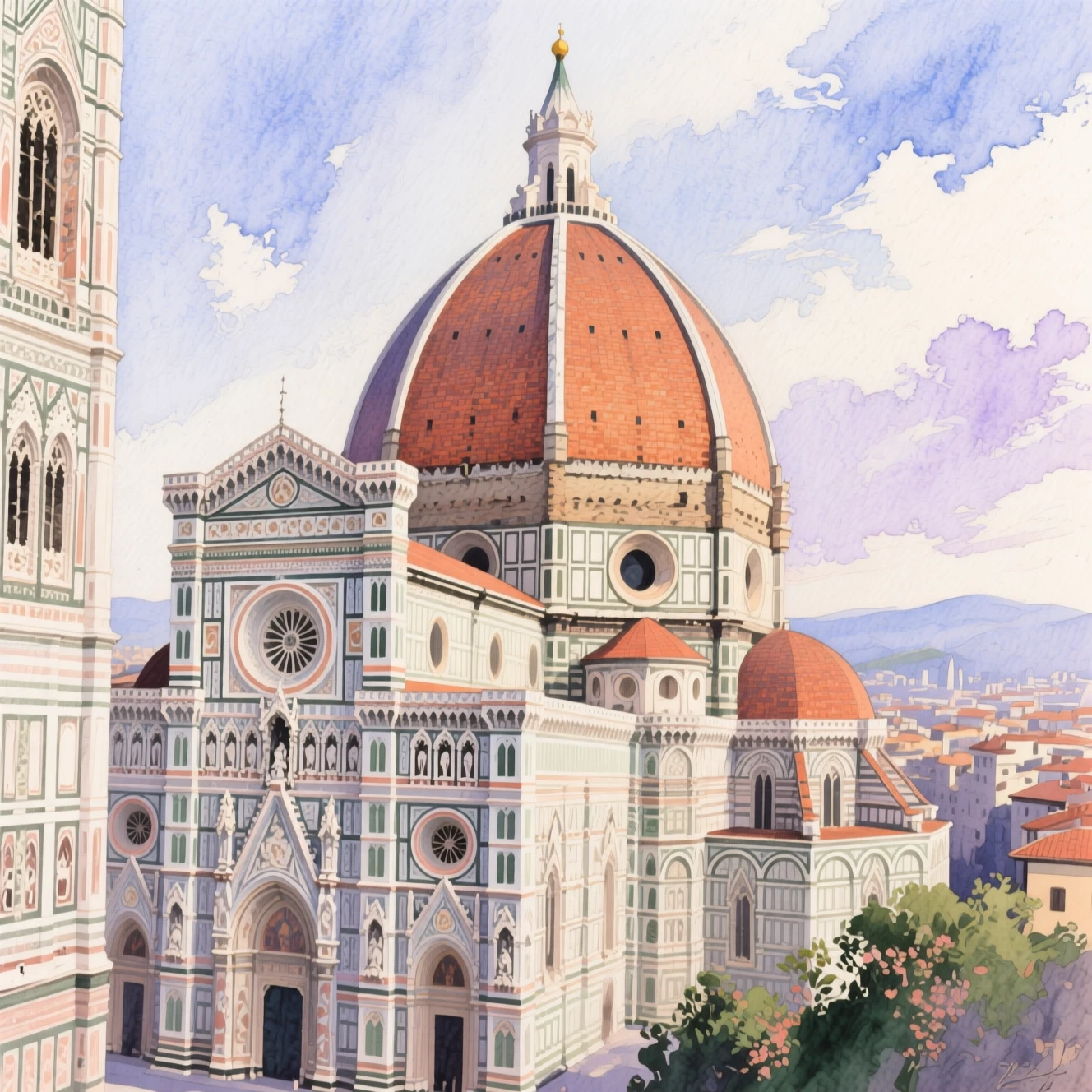 Watercolor view of the Florence cathedral under soft serene light