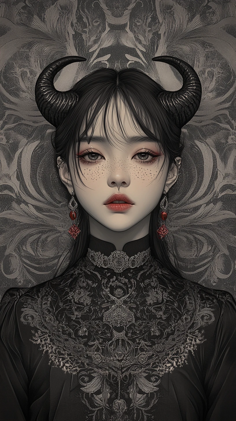 Horned woman portrait with tattoos and ornate jewelry
