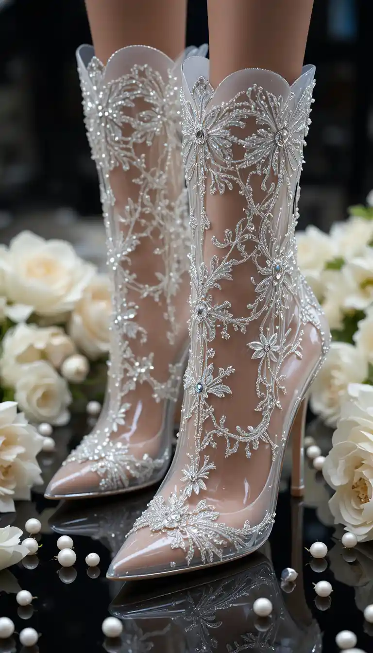 Crystal embellished transparent high heel boots on black surface
