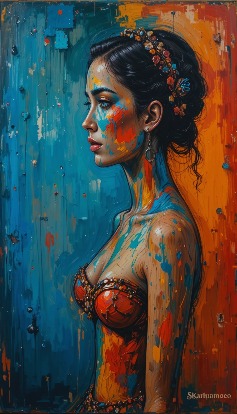 Pintura impasto semifigurativa de una figura del folclore brasileño