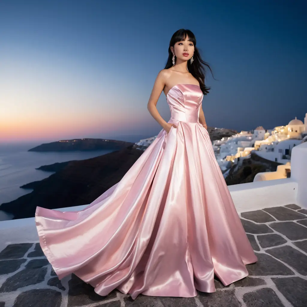 Chica elegante con vestido de satén rosa de noche en Santorini