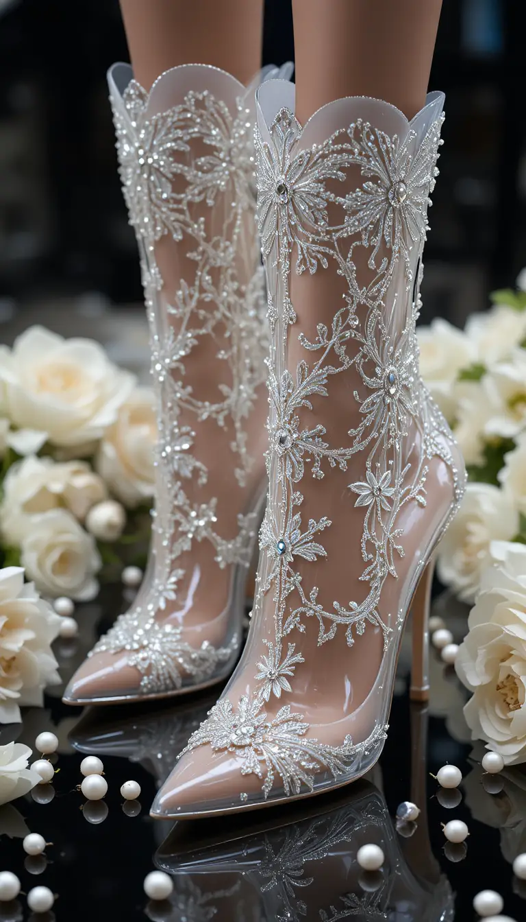 Crystal embellished transparent high heel boots on black surface