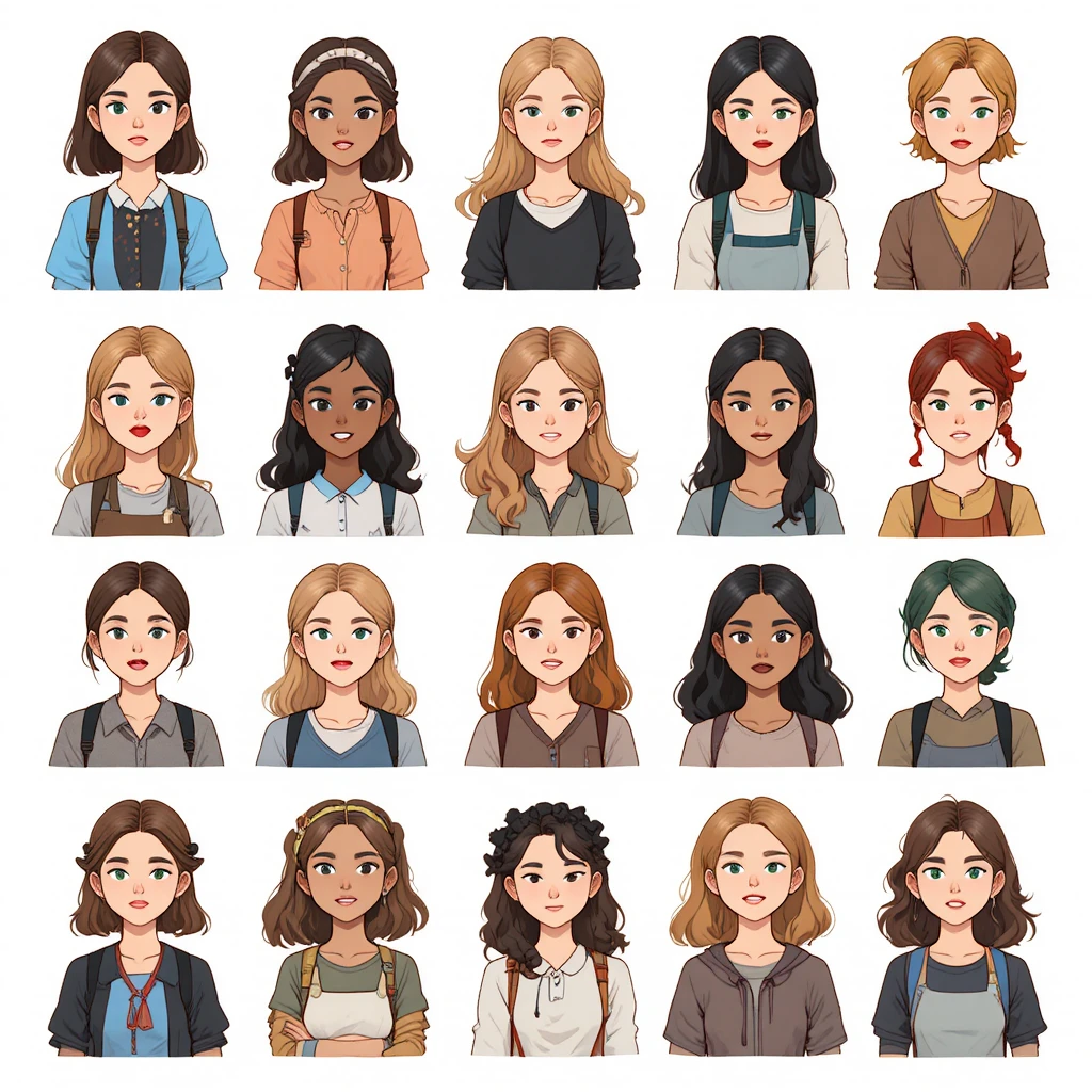 Cartoon grid of diverse female character portraits on white