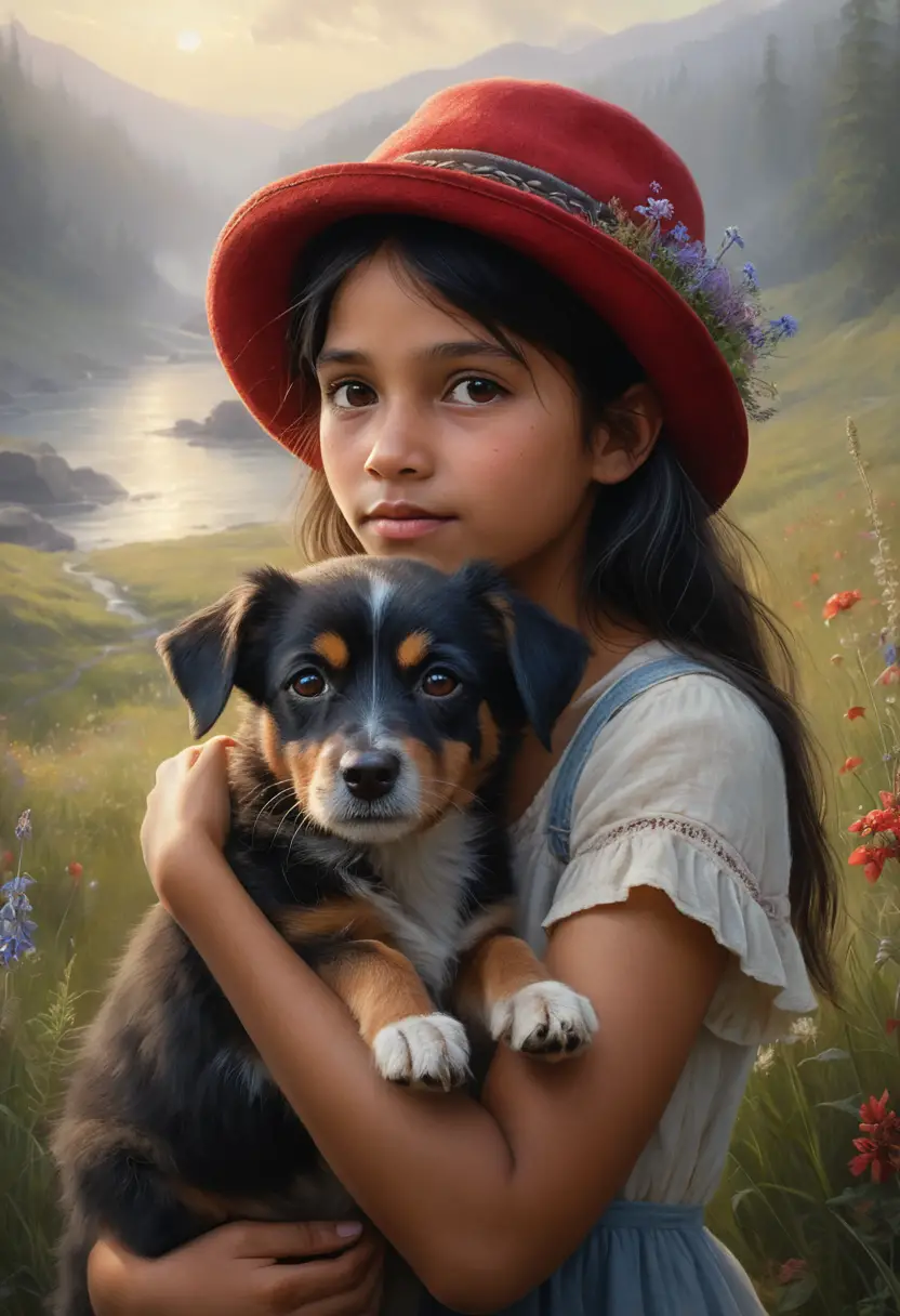 Melancholic girl holding a small dog among wildflowers