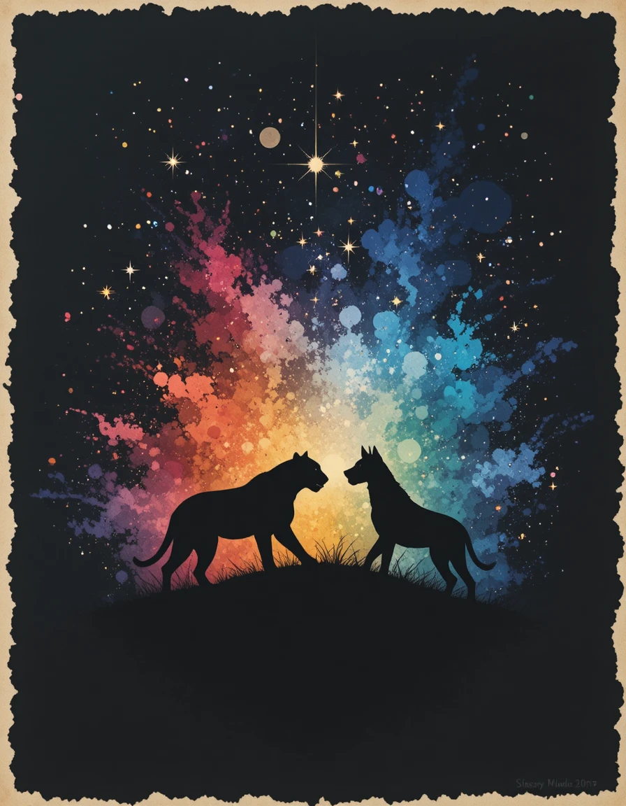 星空下一起狩獵的老虎與狼