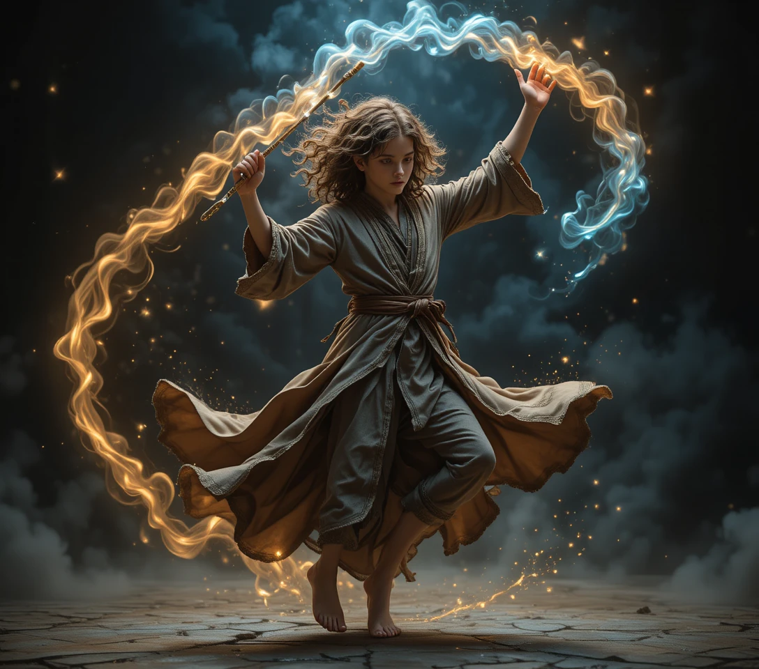 Young mage dancing with swirling golden and blue magic