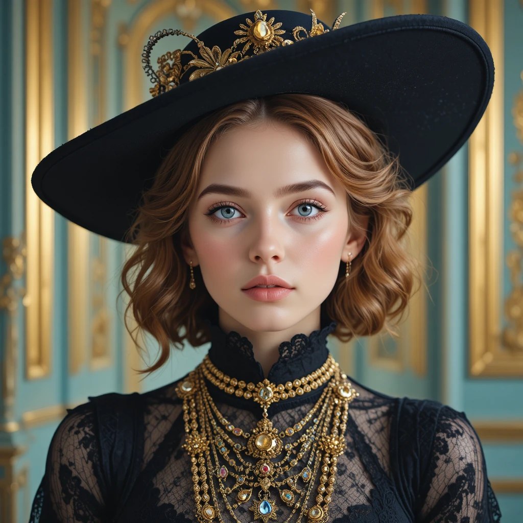 Young woman in ornate hat with golden jeweled makeup