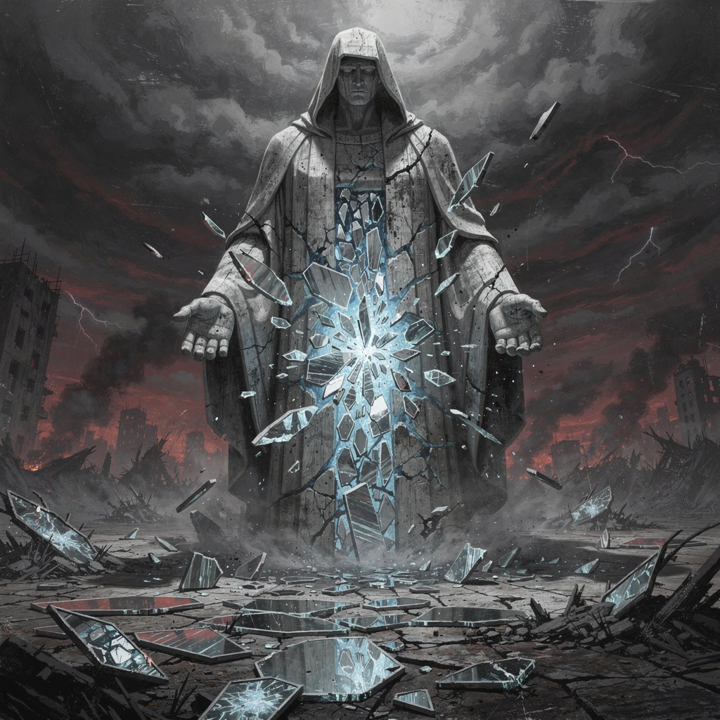 Brutalist Hooded Statue Shattering With Blue Glass Core