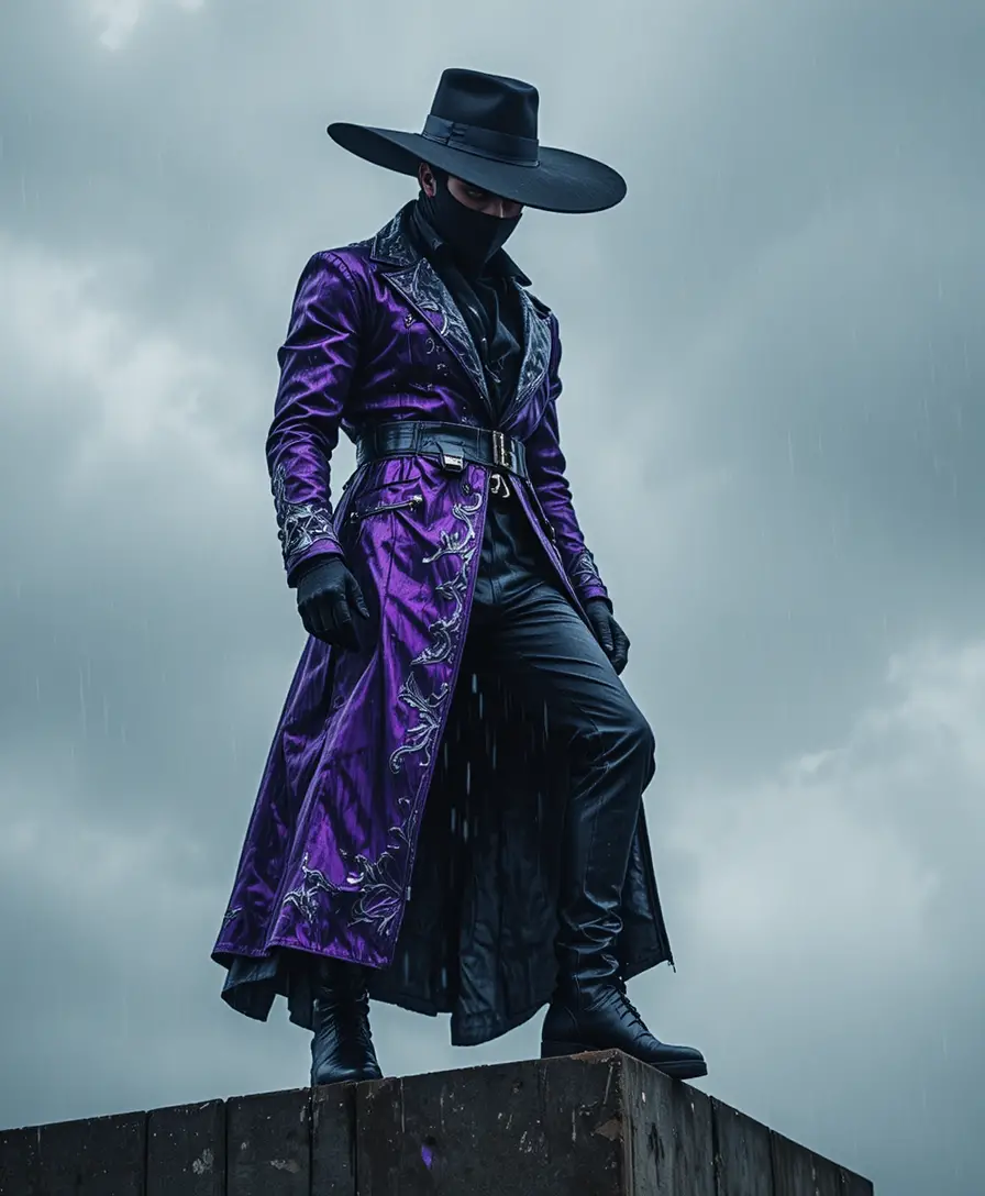 Assassin in purple coat standing on rainy city rooftop