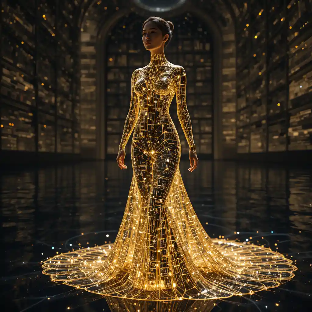 Translucent obsidian woman with glowing neural galaxy core