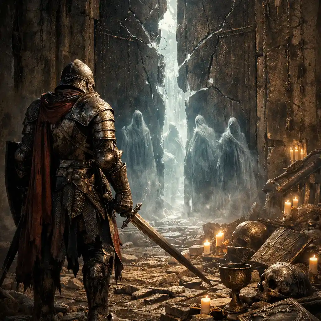 Armored knight guarding a colossal cracked gate to another realm