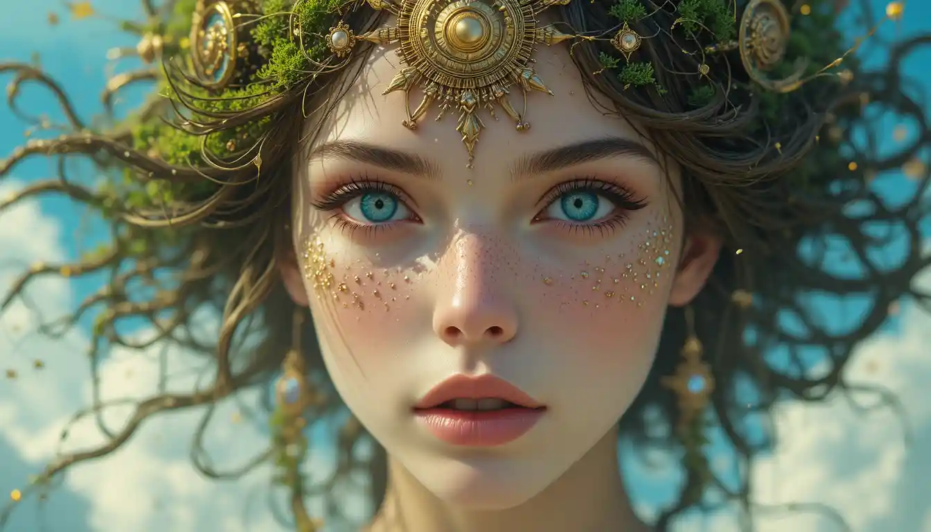Mythic girl with mossy hair floating in blue sky