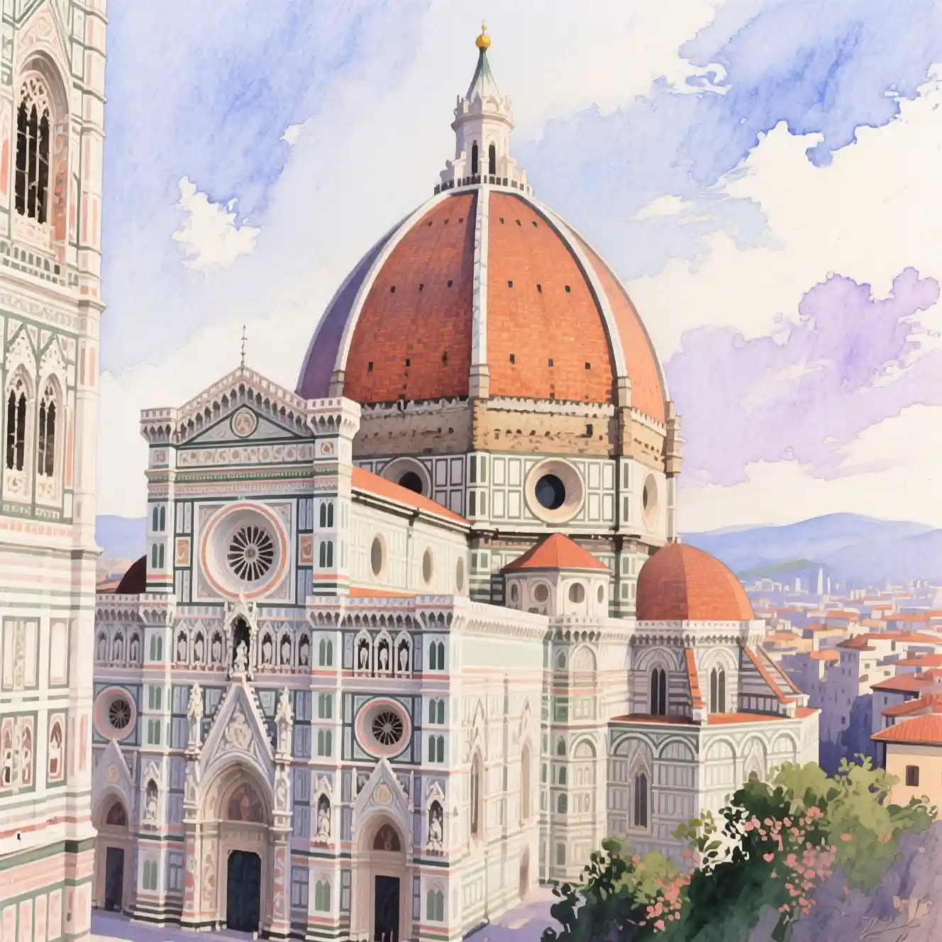 Aquarellansicht der Kathedrale von Florenz im sanften, ruhigen Licht