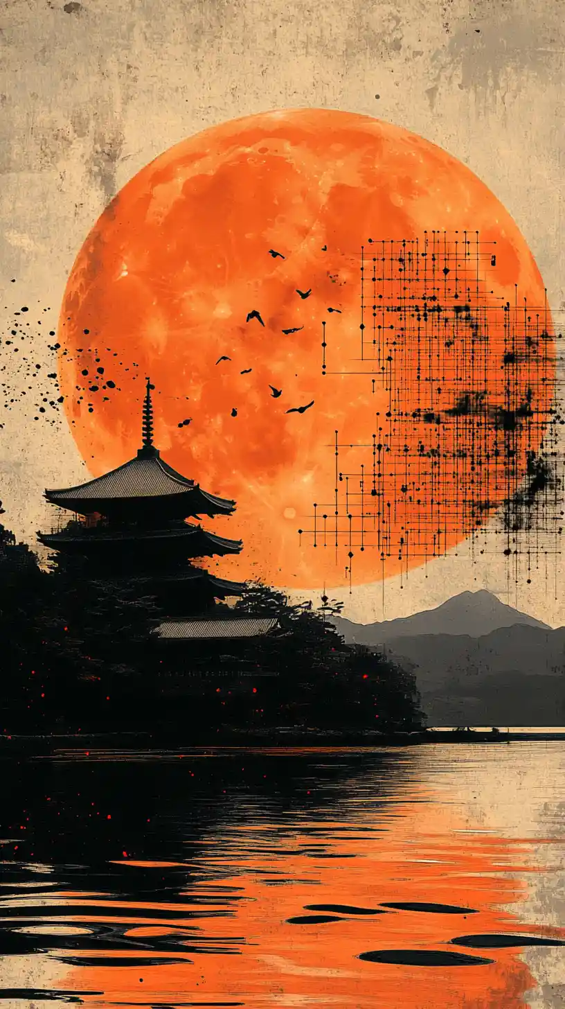 Japanese pagoda village by a tranquil lake and giant moon