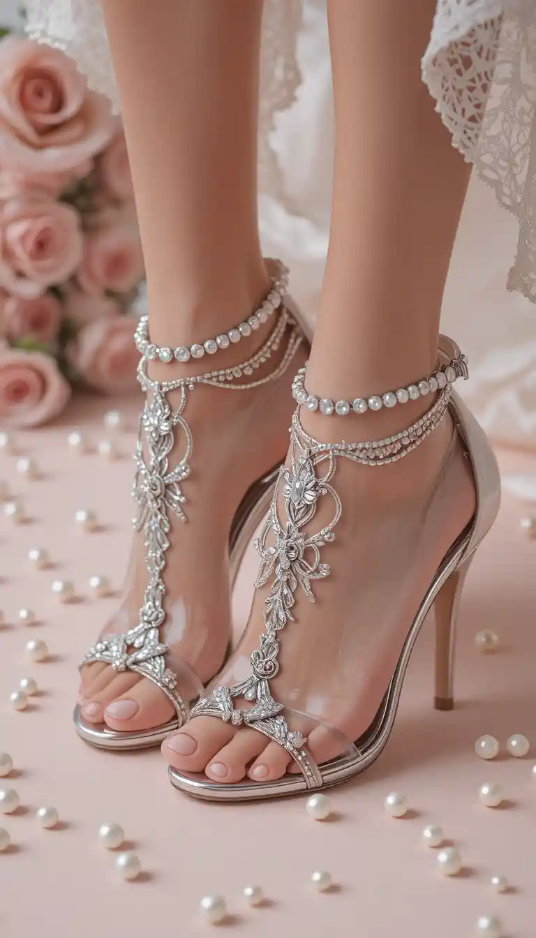 Bridal feet in pearl and rhinestone clear high heel sandals