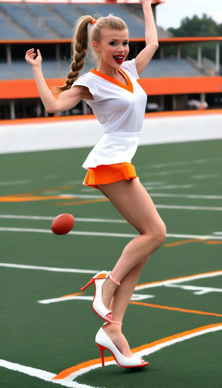 Blonde cheerleader jumping on a football field at night