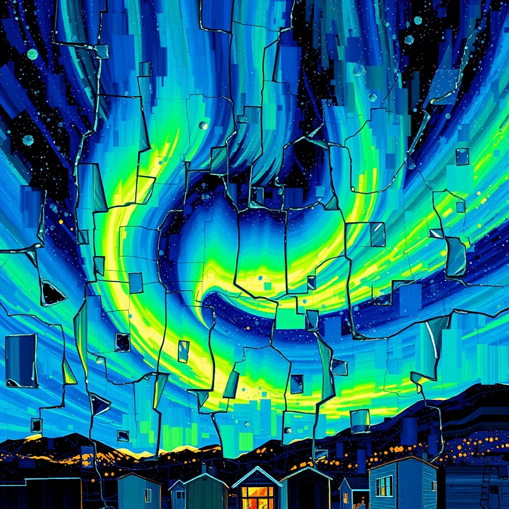 Abstract digital aurora in electric blue and green pixels