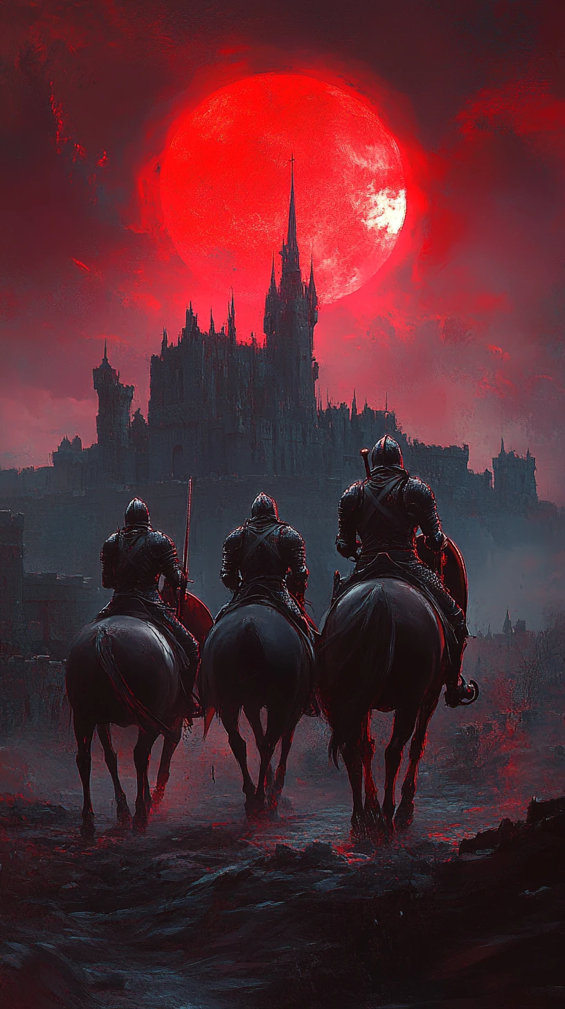 Armored horsemen ride toward a distant castle at sunset