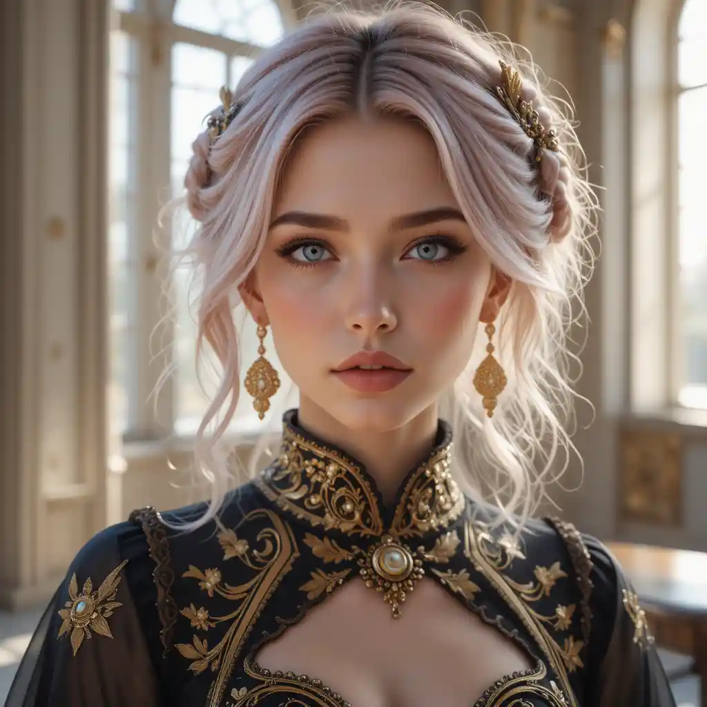 Young woman with blue eyes and pastel pink wavy hair