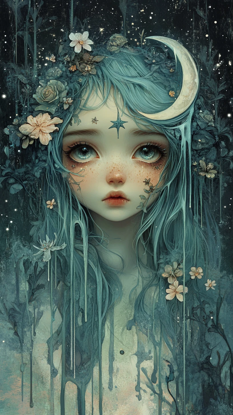 Chica melancólica de cabello azul entre flores decadentes en la noche