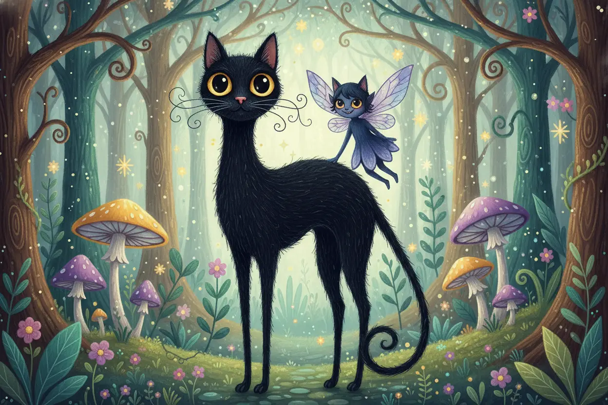 Gato negro alto de arte folclórica con diminuta hada compañera