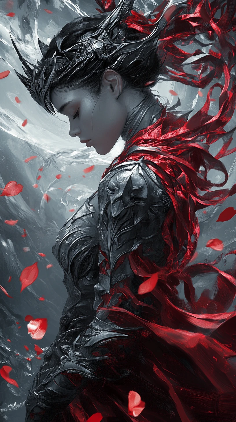 Melancholic Female Warrior In Broken Crimson Armor