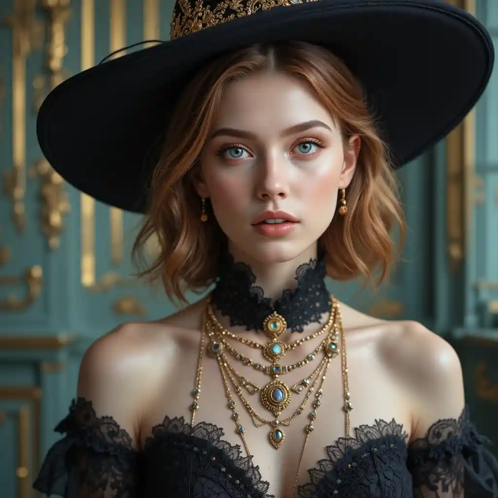 Young woman in ornate hat with golden jewelry