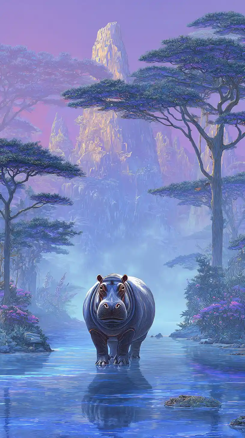Majestic Hippopotamus Standing In A Wide African River