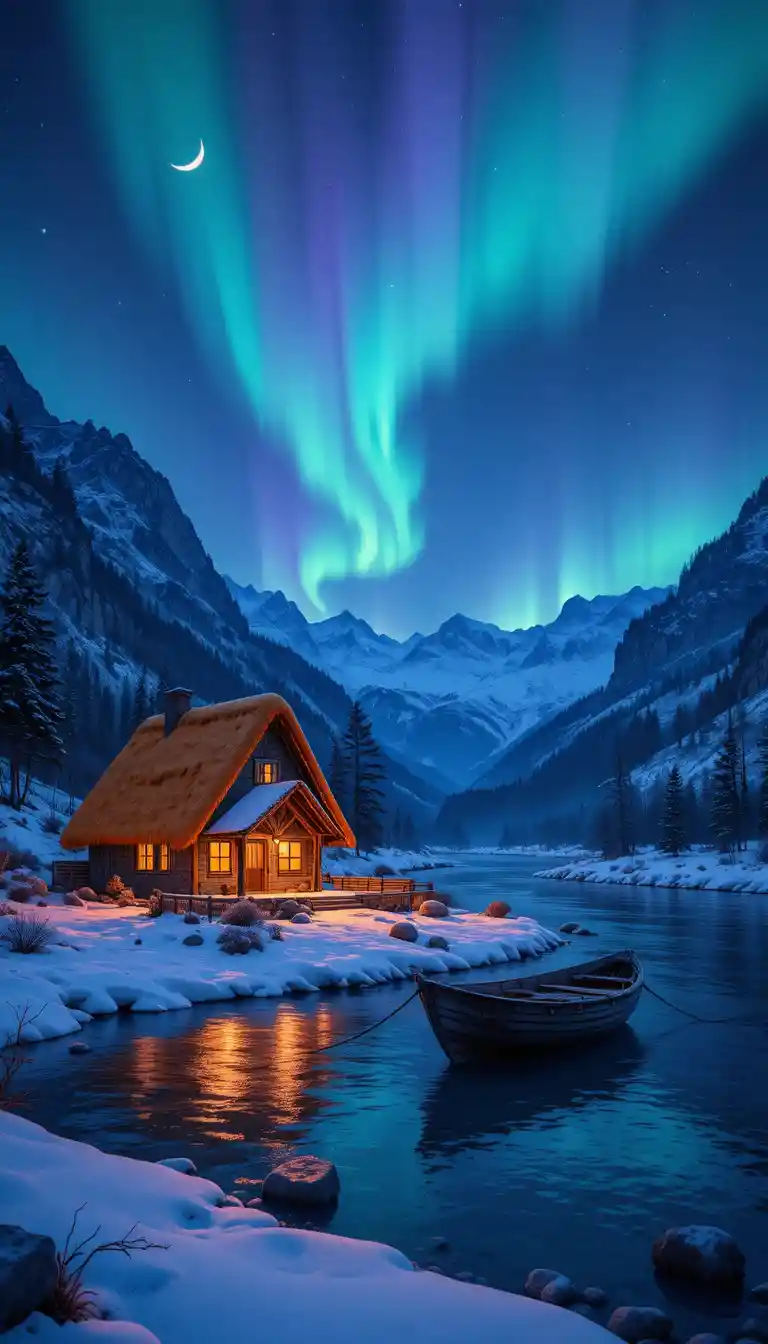 Aconchegante chalé à beira do rio sob a aurora em montanhas nevadas