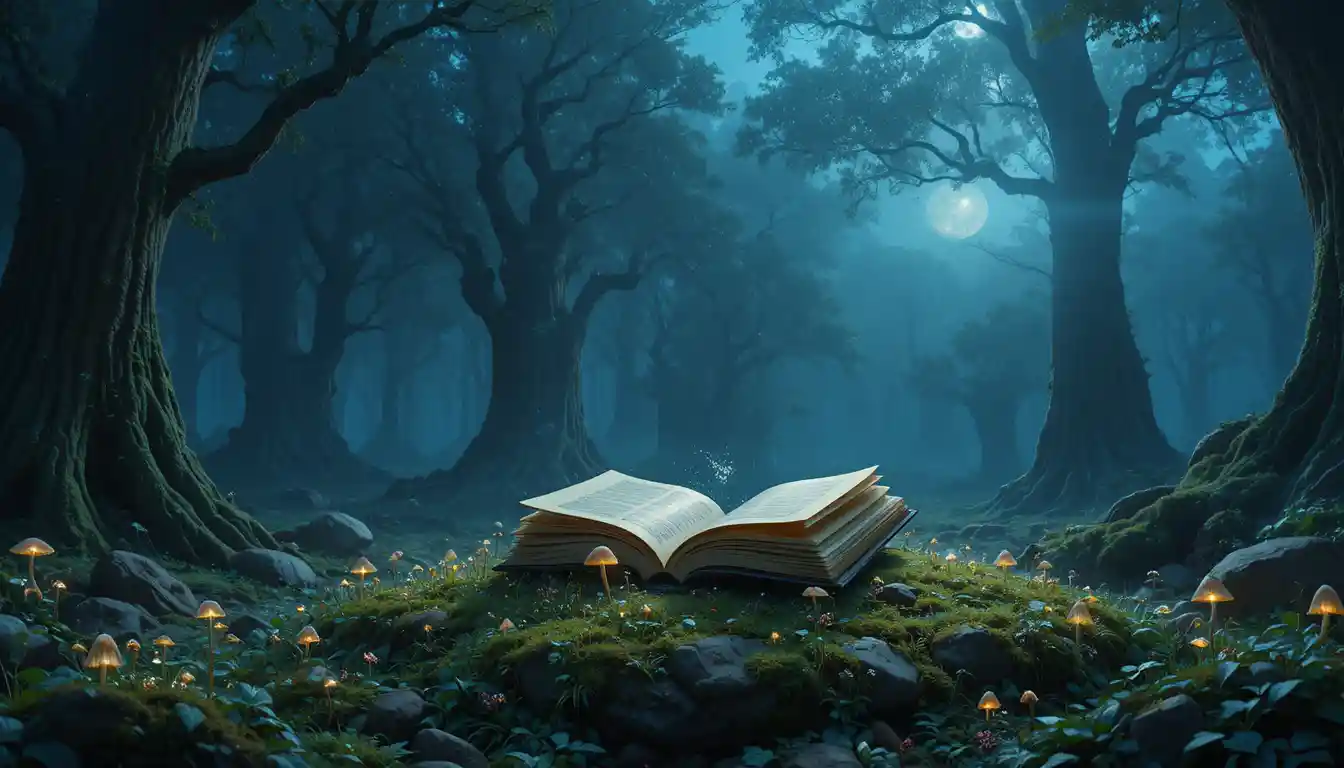 Libro degli incantesimi luminoso in una radura incantata al chiaro di luna