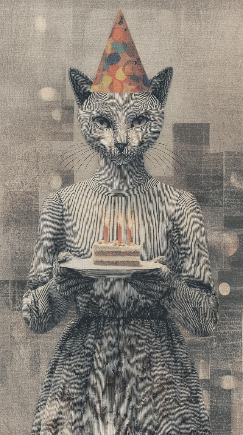 Gato Fiesterro Alegre con Pastel de Cumpleaños en Collage Surrealista