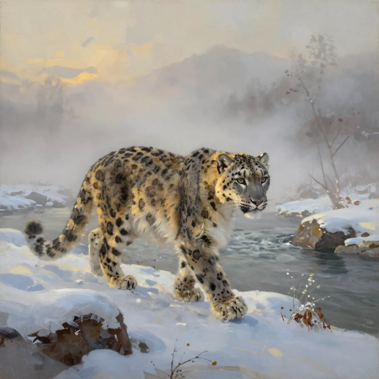 Snow leopard walking along a misty winter riverbank