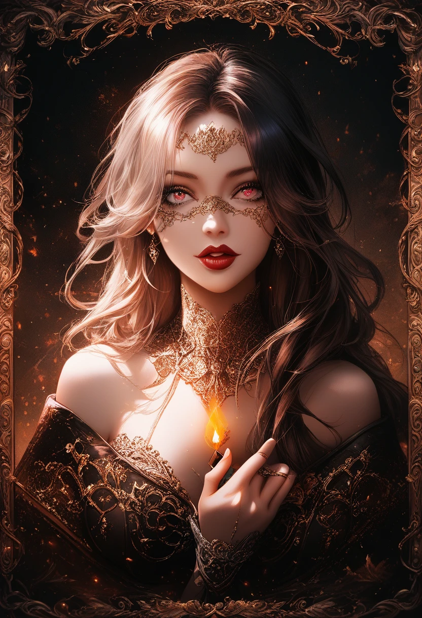 Gothic masked woman in a candlelit victorian ballroom