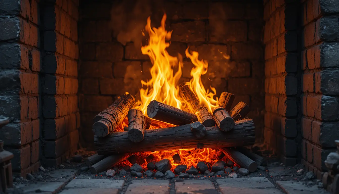 Cozy Brick Fireplace With Gently Flickering Burning Logs