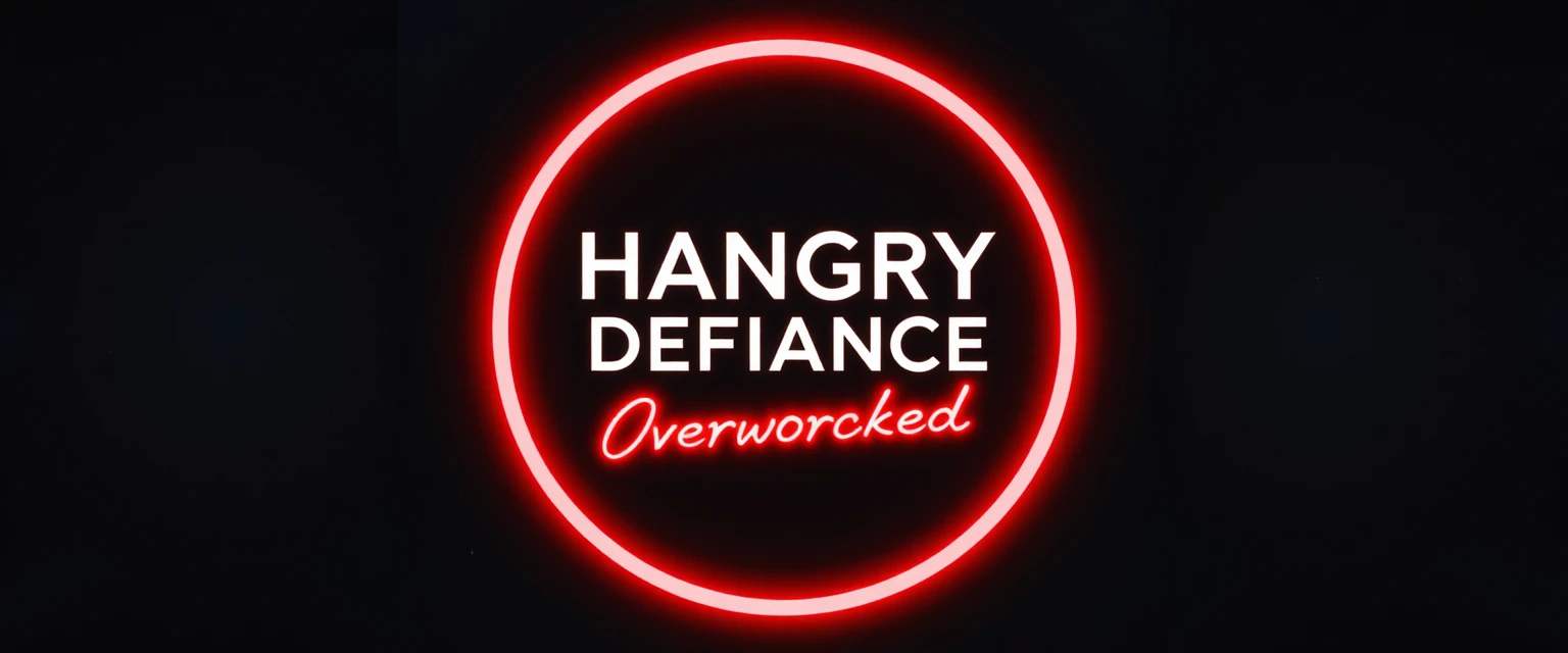 Neon circle banner with bold hangry defiance title