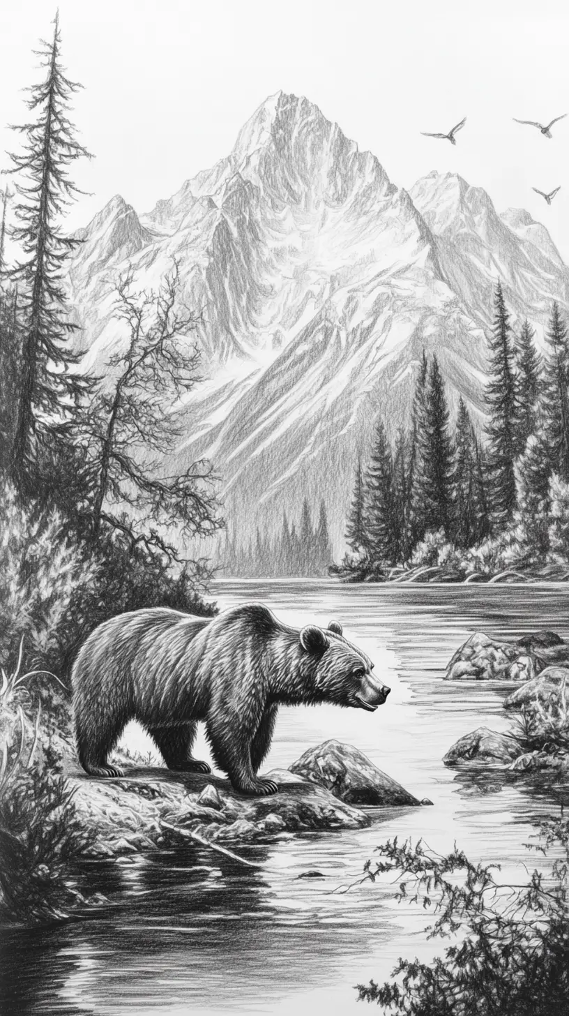 Grizzly bear pencil drawing by a river catching salmon