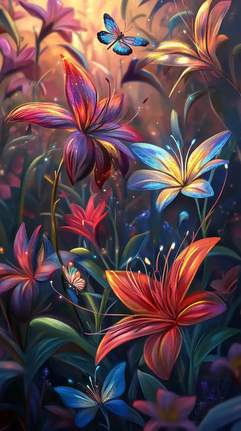 Colorful exotic flower field with glowing fireflies