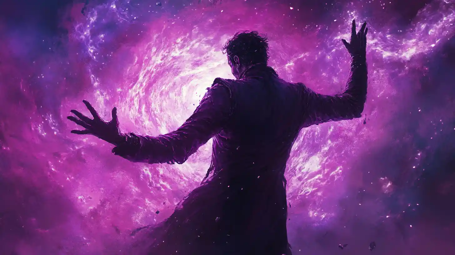 Dark sorcerer in swirling cosmic dust with arcane glow
