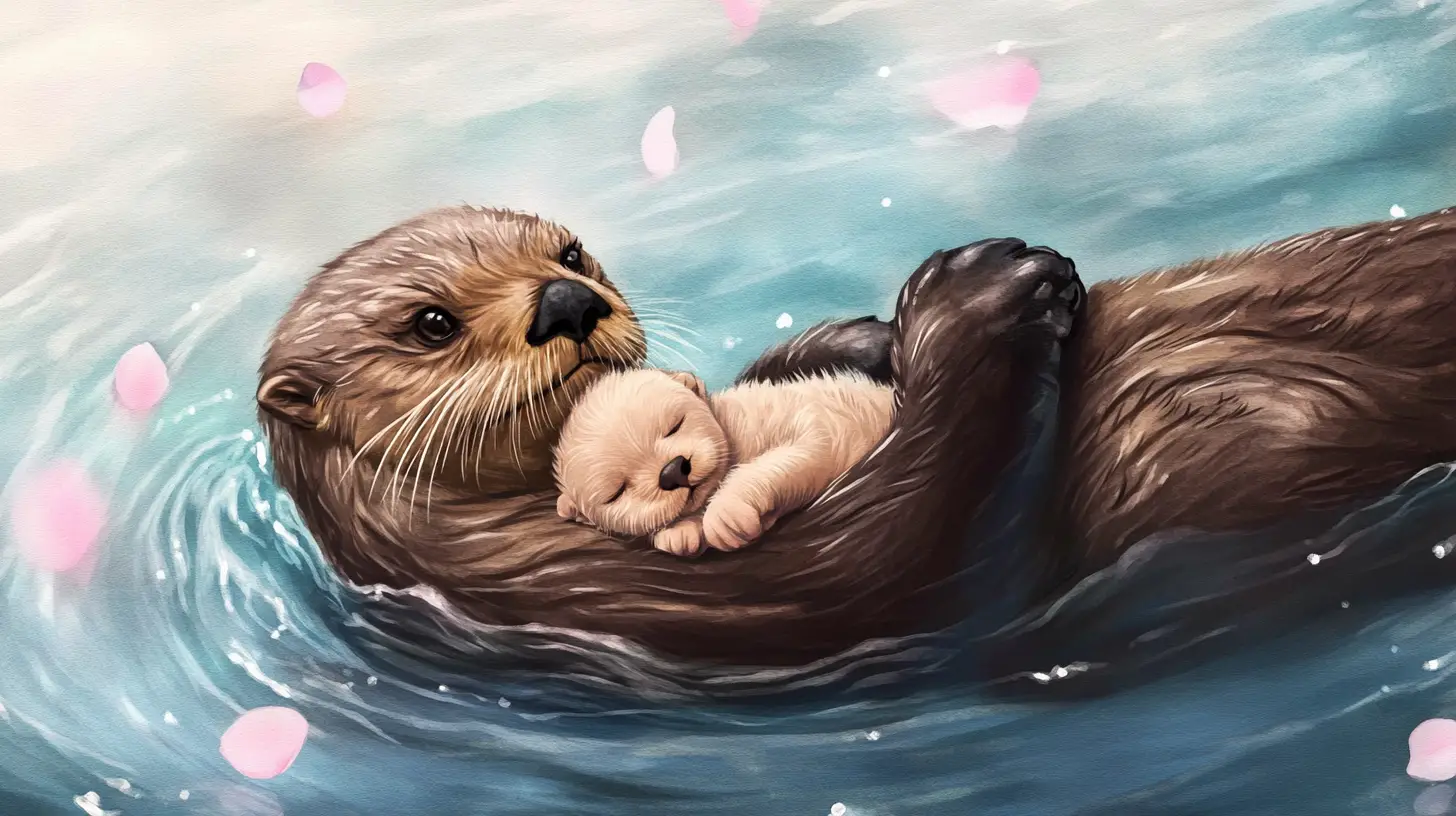 Mother sea otter cradling her newborn pup on calm water