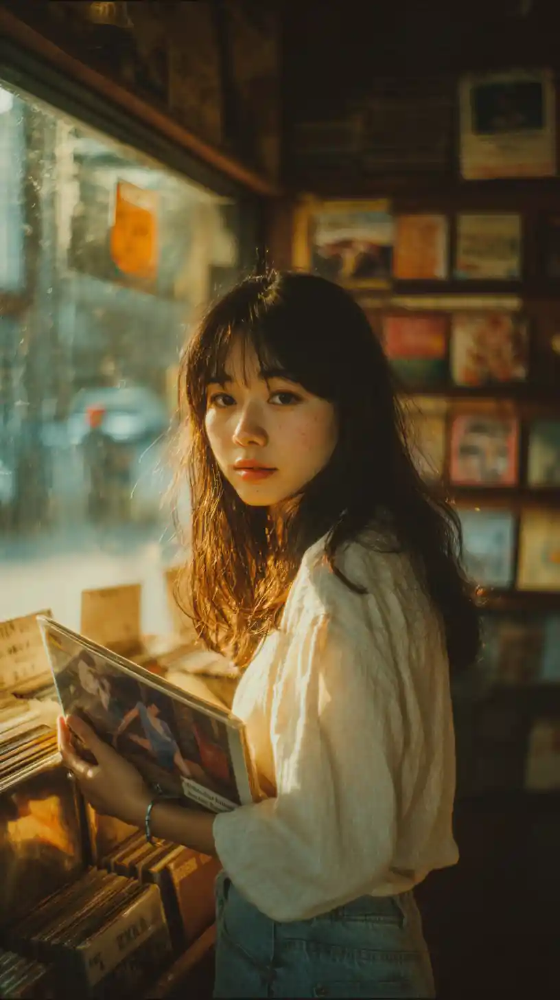 Young woman with vinyl record in sunlit vintage store