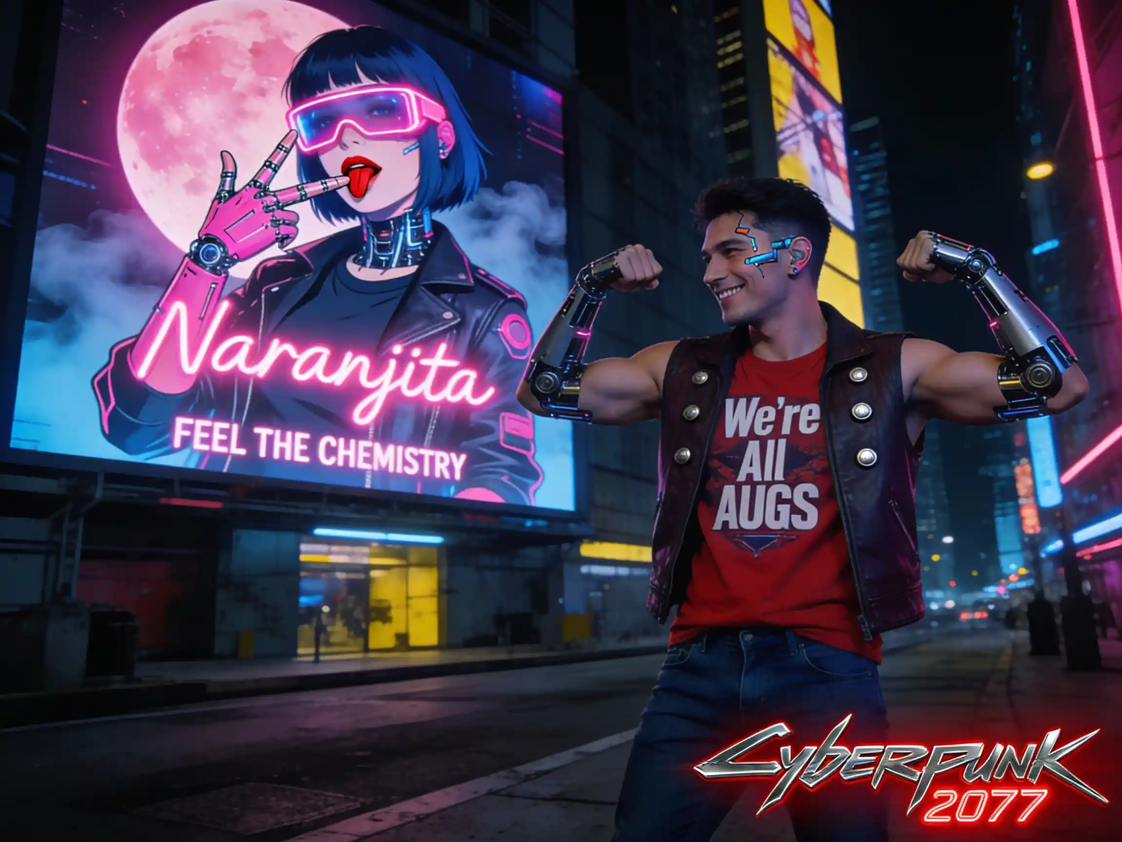 Cyberpunk man flexing cybernetic arms on neon city street